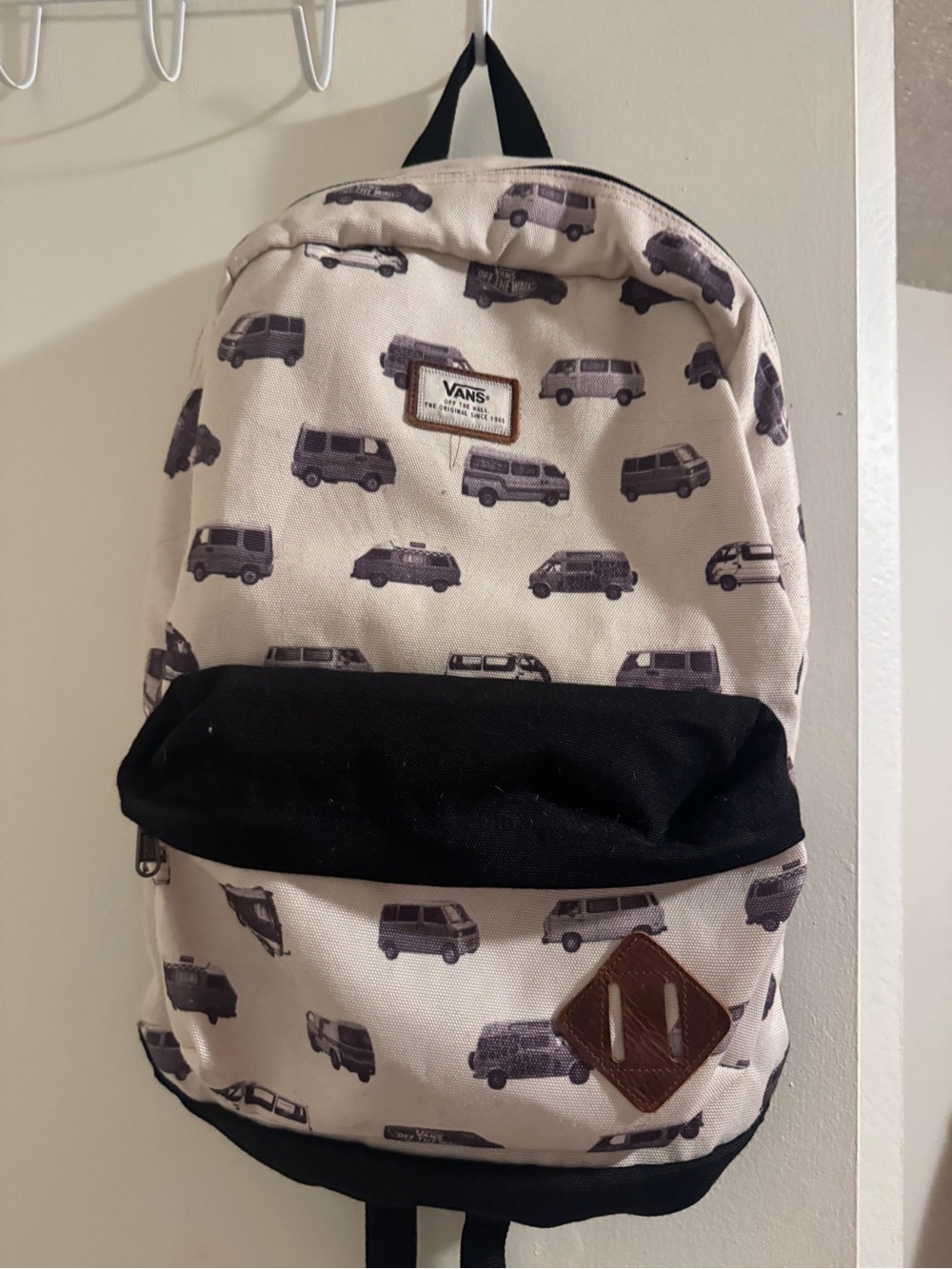 Vans Cream Canvas Backpack with Black Pocket and Van Print